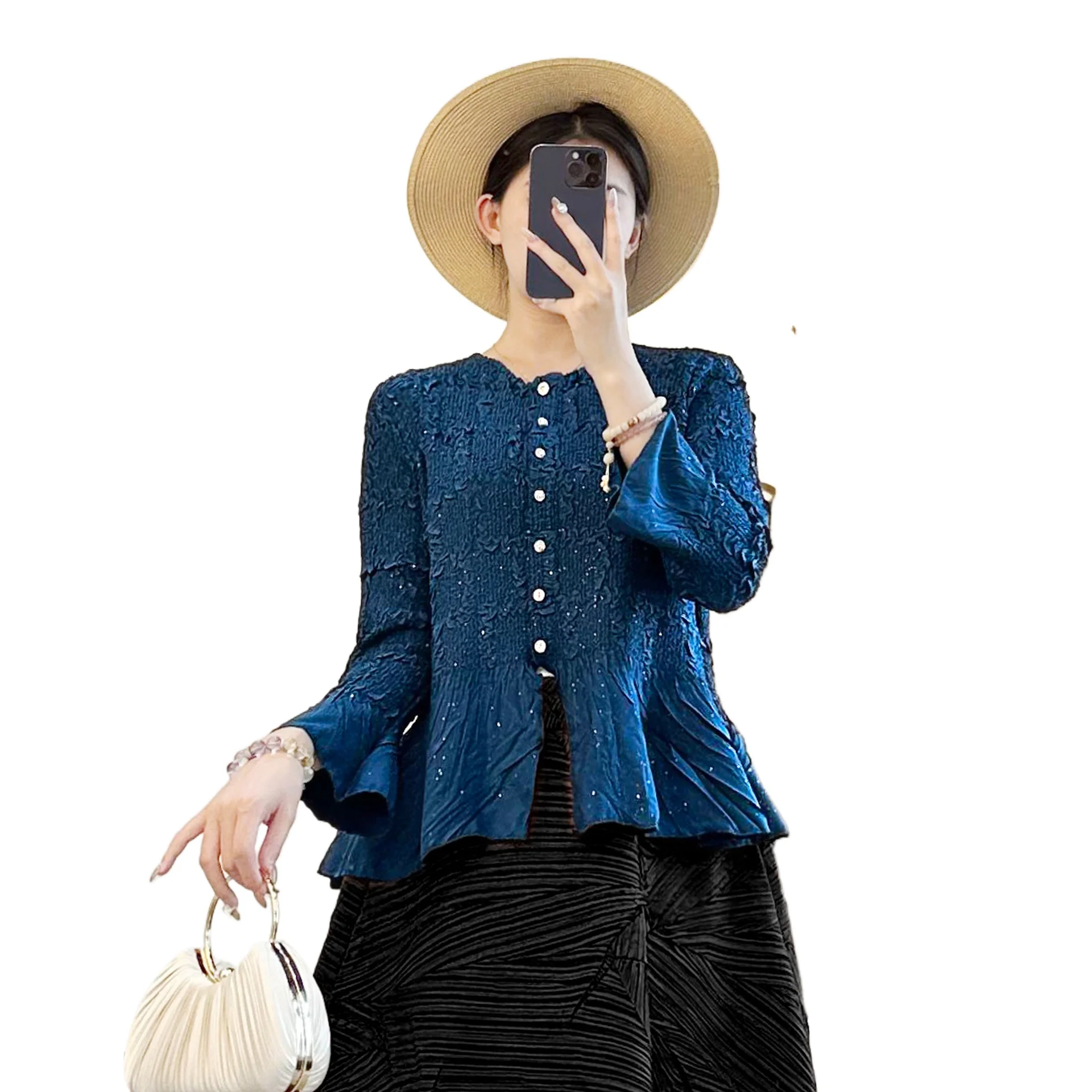 Miyake-Camiseta plisada para mujer, Top elegante de un solo pecho con lentejuelas y cuello redondo, chaqueta plisada versátil, Color sólido, 2025