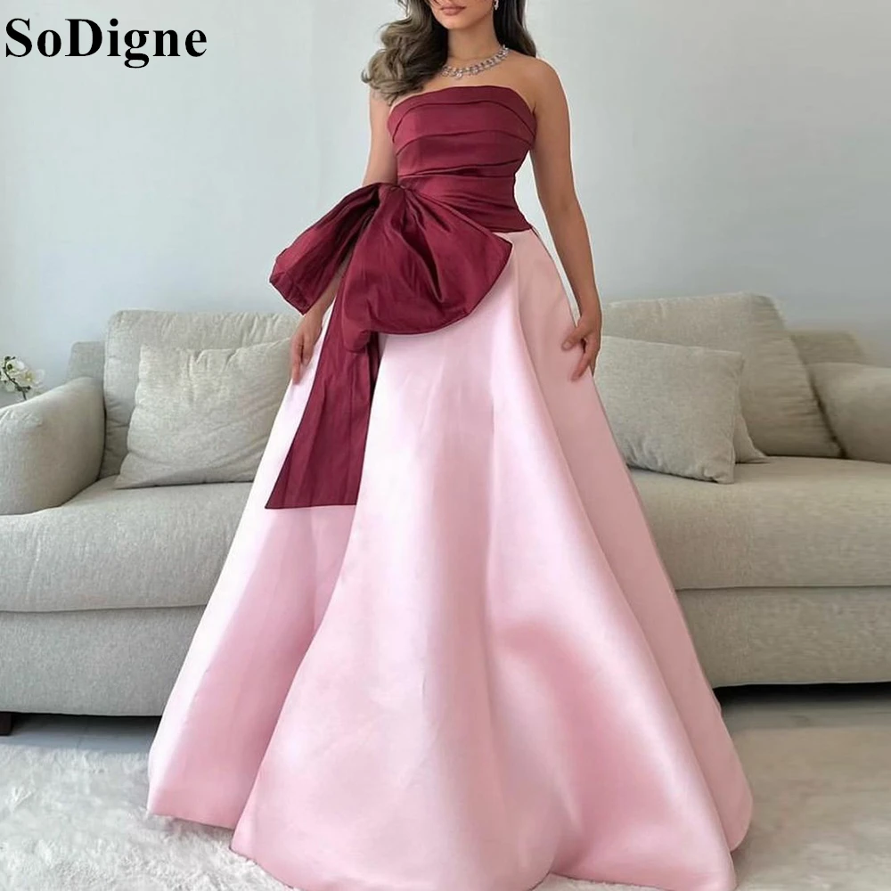 

SoDigne Pink and Burgundy Evening Dresses Strapless Bow Pleated A-Line Elegant Party Dress Draped 2024 Formal Occasion Prom Gown