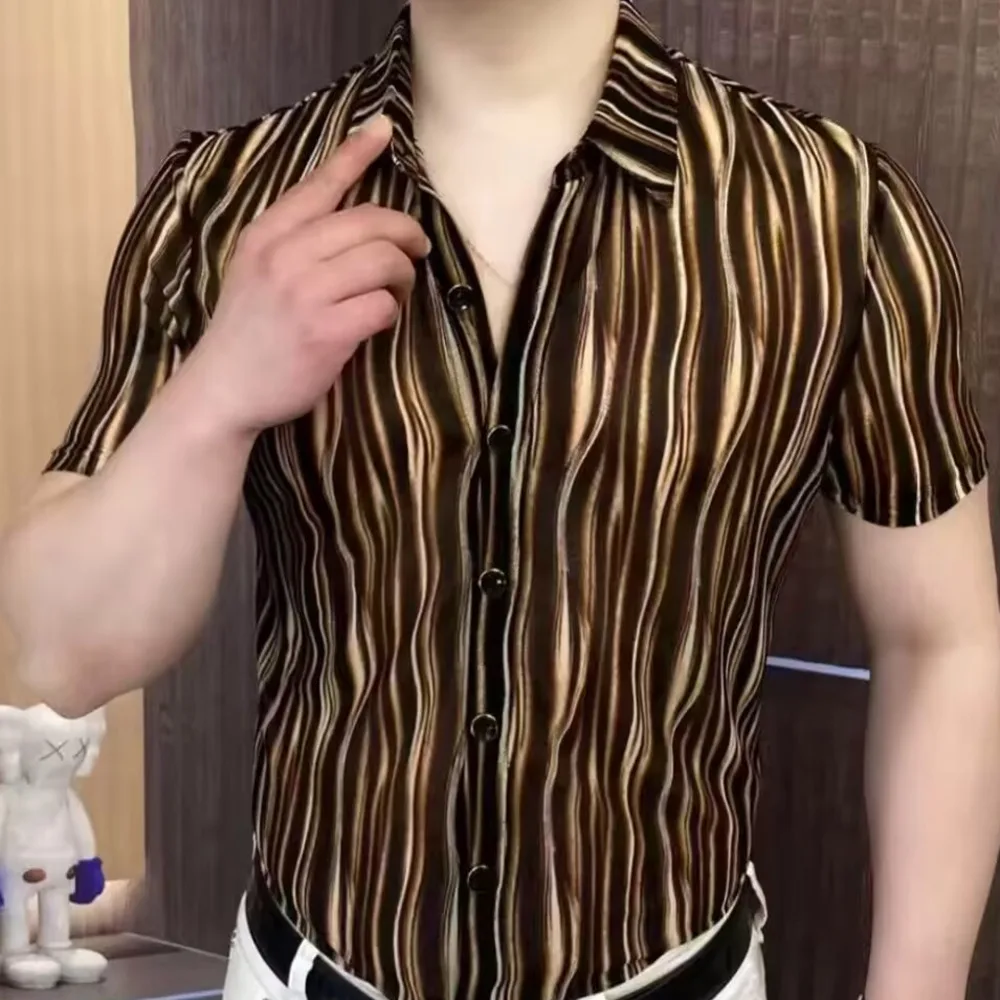 Streetwear Camisa Masculina Shirt Moda Hombre Summer Mens Shirts Black Gold Pattern Print Shirt Short Sleeve Casual Men Shirt