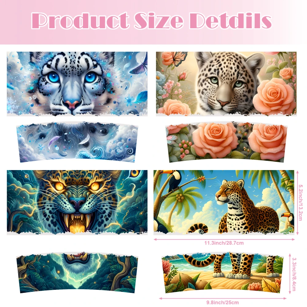 4 Sheets Leopard Jungle Tropical Rose Tiger Ocean UV DTF Stickers for 40oz Tumblers Tumbler Jars Wrap Transfer Paper Vinyl
