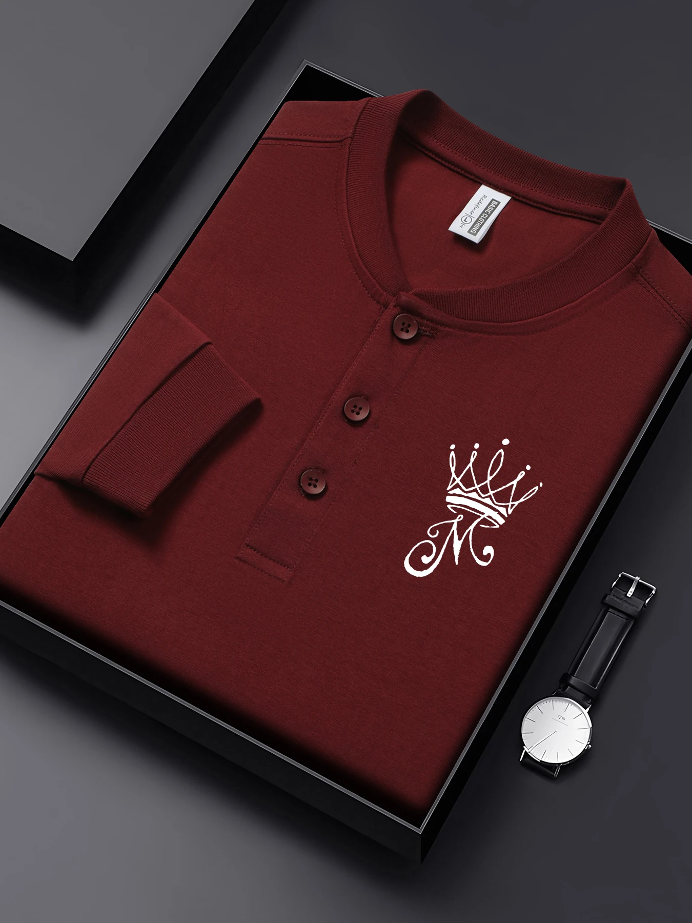

Crown Letter M Simple Printing Mens T Shirts All-Match Cotton Henley Shirt Autumn Clothing Business Henry Neck Sportswear