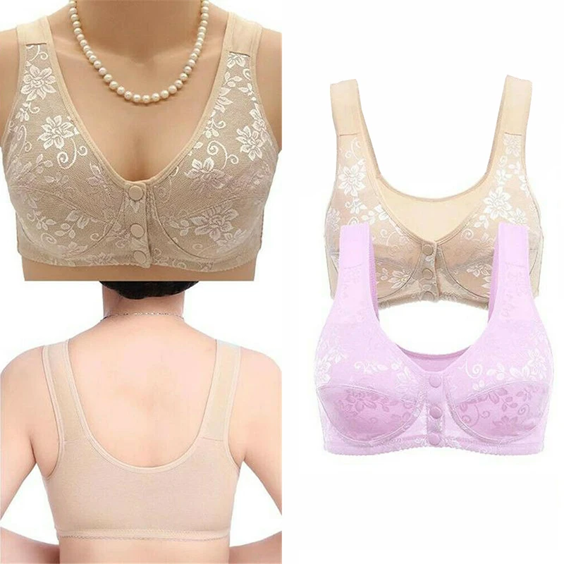 Women Front Button Bra Large Size Thin Brassiere Mother\'s Cotton Wireless Underwear Sleep Bra Anti-sagging Gathered Underwear