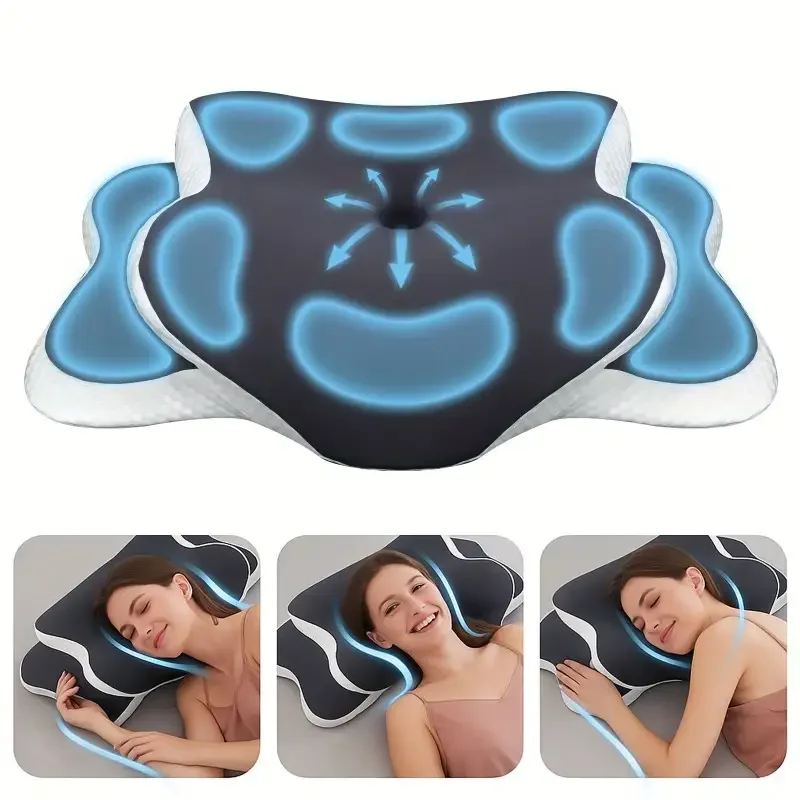 An ergonomic neck pillow featuring slow-recovery support, breathable cool fabric, and a machine-washable cover, suitable for sid