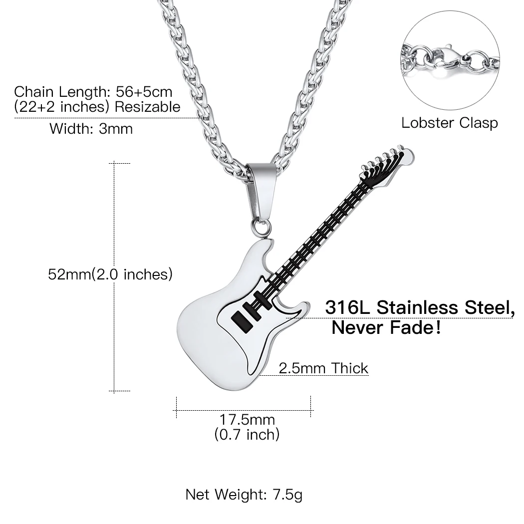 U7 ギターネックレス男性女性のための音楽愛好家へのギフトブラックゴールドカラーステンレス鋼ペンダントリンクチェーンヒップホップロックジュエリー