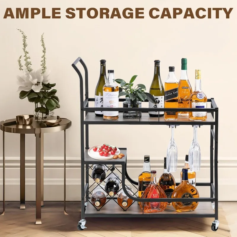 Bar Cart with Wheels, 2 Tier Bar Serving Carts for The Home Kitchen Dining Room with Wine Rack and Glass Holder