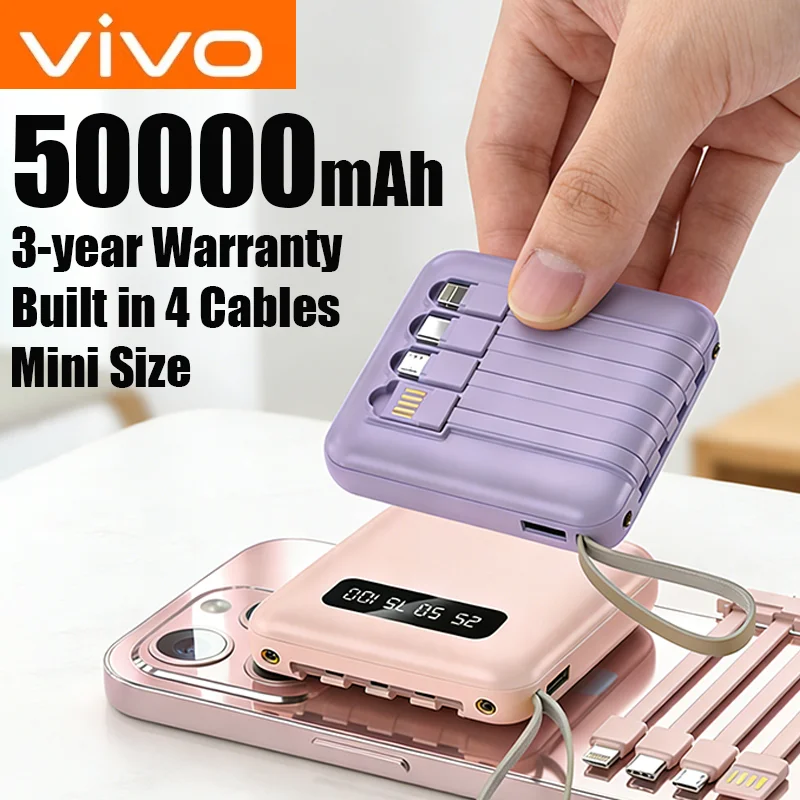 

Внешний аккумулятор VIVO 2026 с большой емкостью 50000 мАч, с подсветкой, сверхбыстрой зарядкой и встроенным кабелем 4-в-1, совместимый с iPhone и Samsung