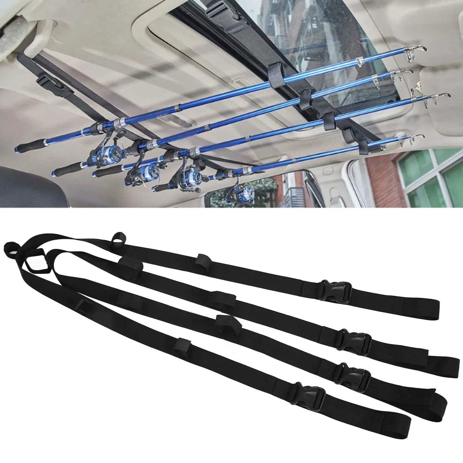 Car Mounted Fishing Rod Gear Holder Vehicle Storage Rack - Set of 2 - Nylon Strap Rest  Carrier