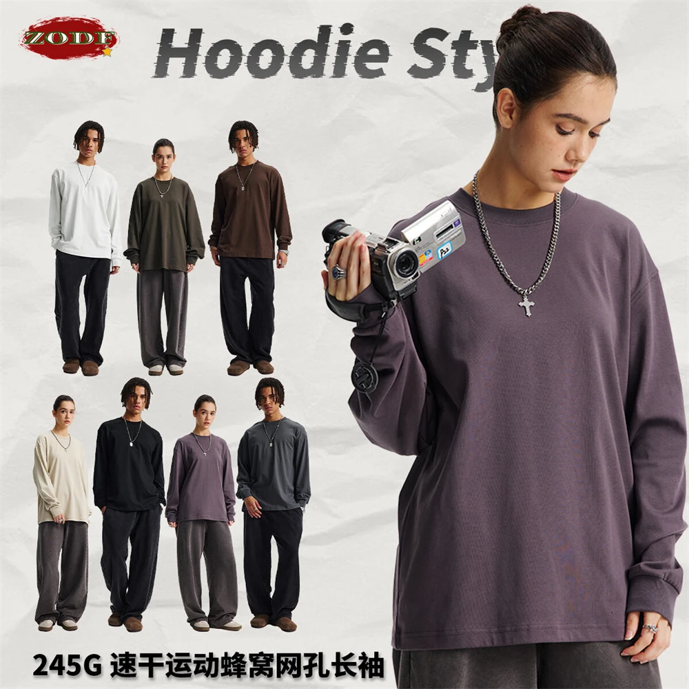 ZODF Trendy Autumn Full Sleeve 245gsm T-Shirts For Men Unisex Loose Solid Quick Dry Antibacterial T Shirt Brand Tees HY1162