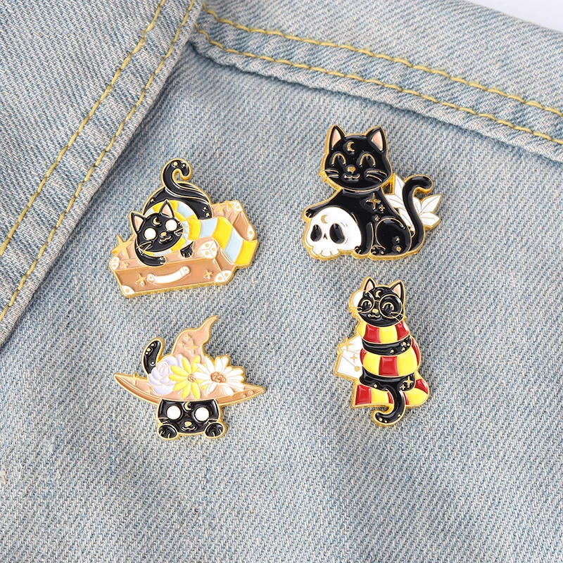 New Moon Black Cat Enamel Pins Custom Witchcraft Magic School Kitten Brooches Lapel Badges Bag Gothic Jewelry Gift for Friends