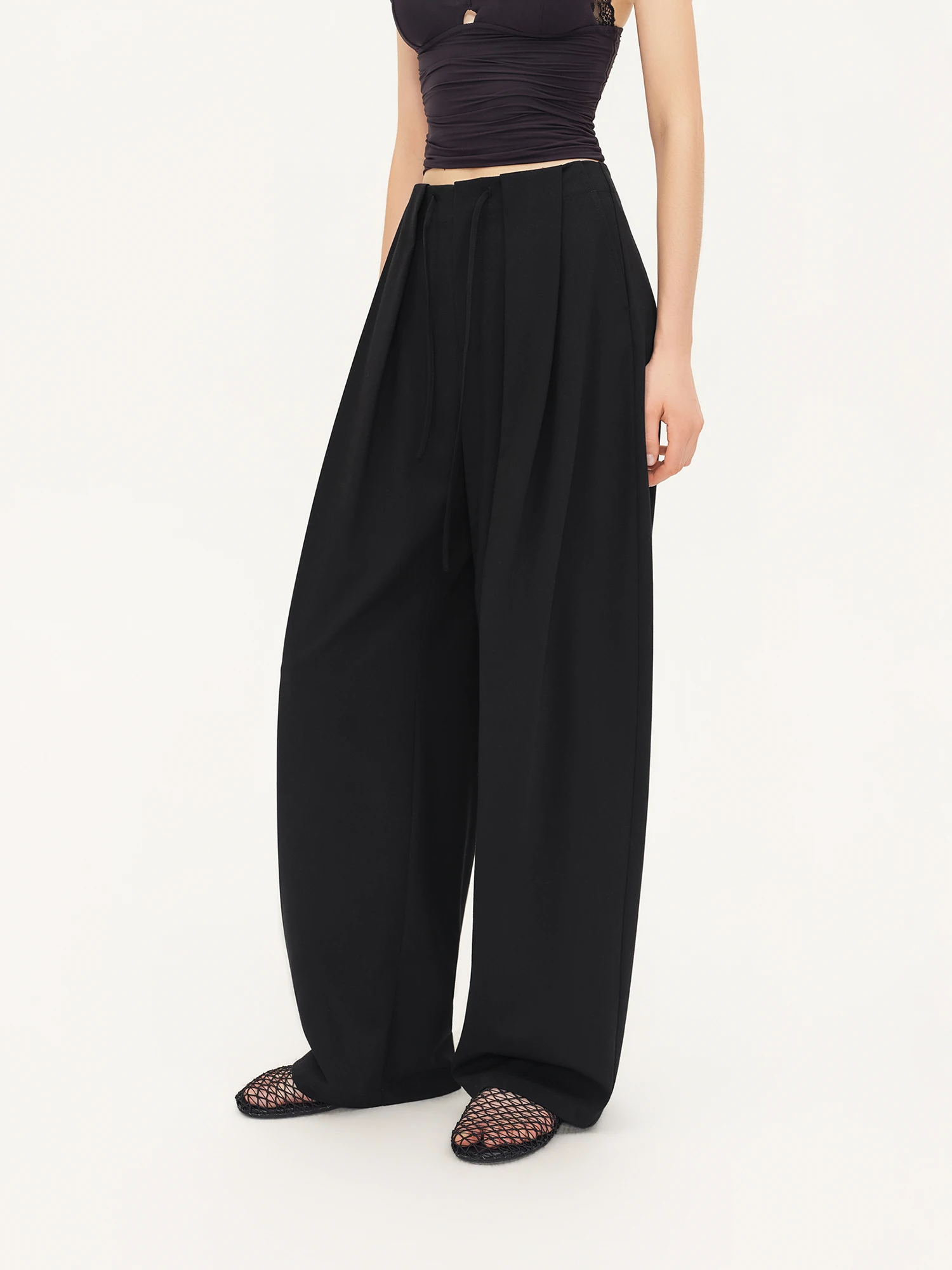 ZIQIAO 2026 Fall Women's Sleek Micro Barrel Leg Drawstring High Waist Dress Pants - Sharp Office Commute Style for Daily Wear