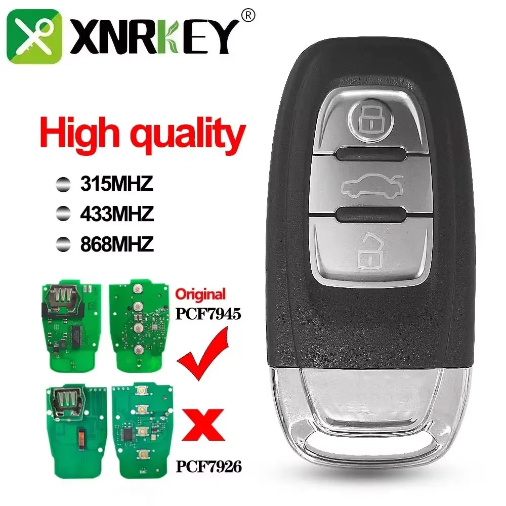 XNRKEY For Audi Q5 A4 A5 A6 A7 A8 RS4 RS5 S4 S5 No-Keyless Car Key NO Logo 3 Button Car Remote Key PCF7945 Chip 315/433/868Mhz