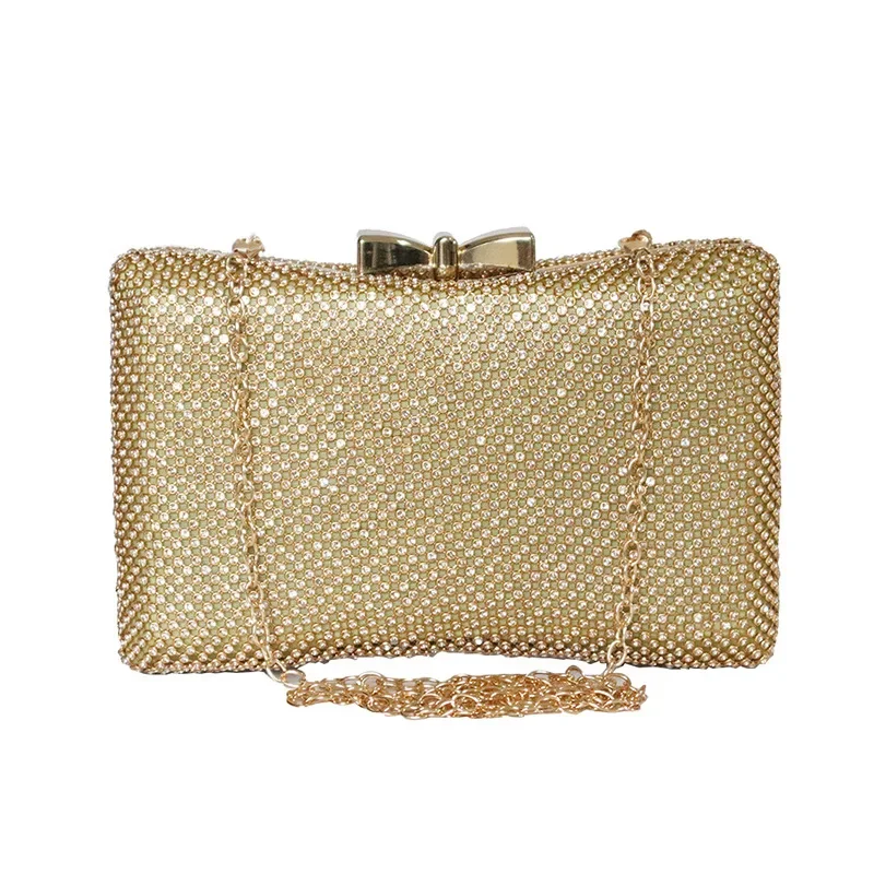Bolsos de noche con forma de lazo dorado de lujo, elegantes bolsos formales para fiesta con diamantes brillantes, bolsos de mano de cristal plateado