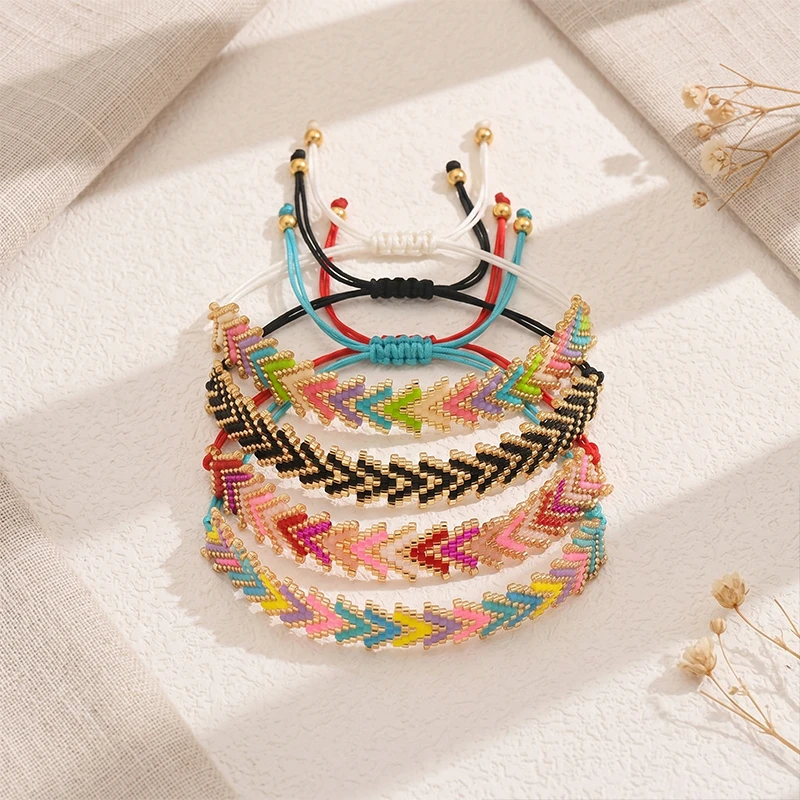 Boho Seed Bead Bracelet Woven Chevron Friendship Bracelet Adjustable Sliding Knot Cord Summer Beach Surf Seed Jewelry Unisex