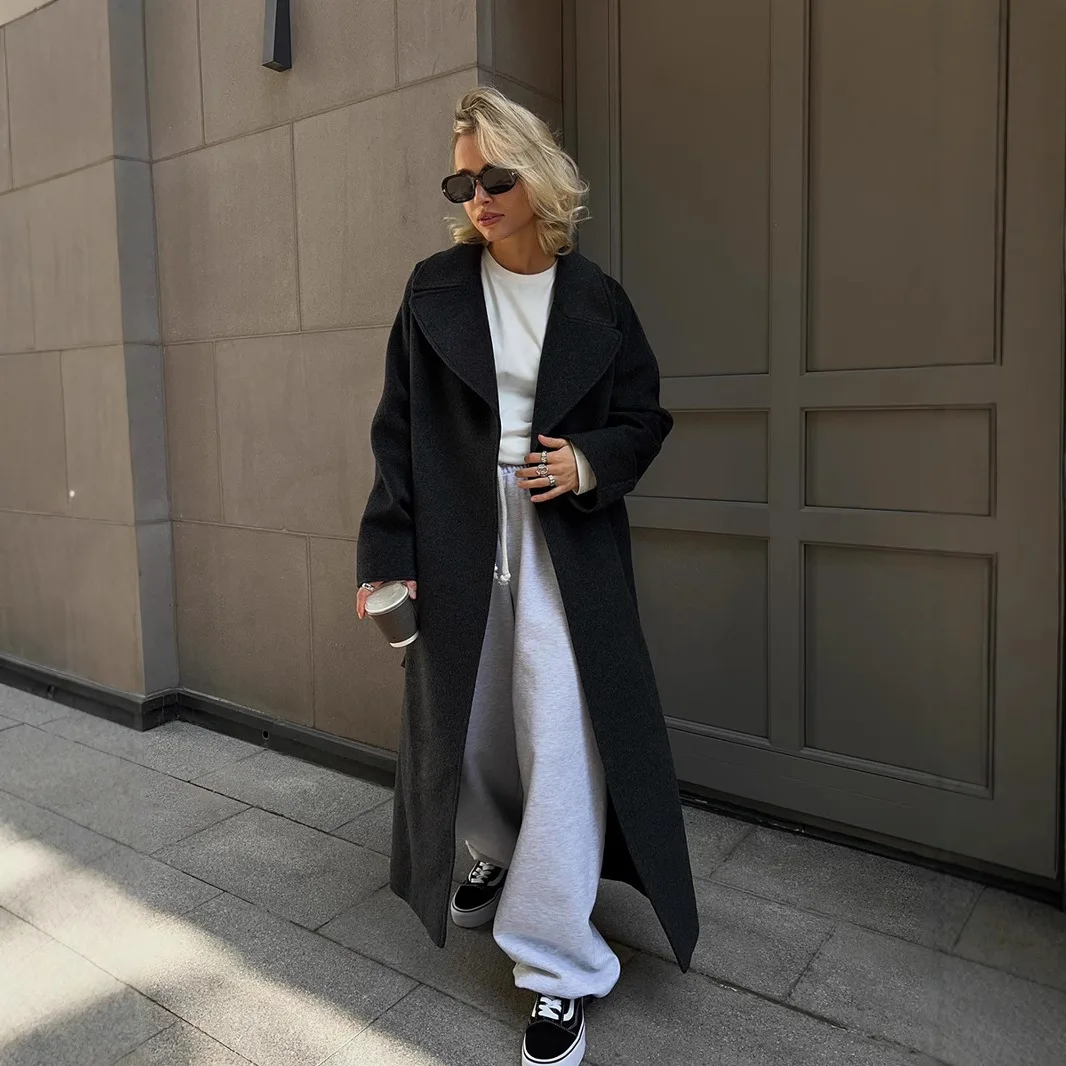 

KIDCRKJ элегантное женское весеннее пальто с отложным воротником, серая женская куртка на шнуровке длиной до пола, темпераментная шикарная верхняя одежда для женщин