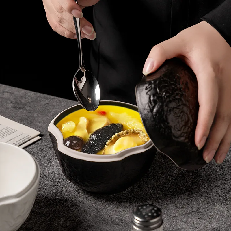 European-style Ceramic Matte Stew Pot with Lid Black and White Embossed Dinner Plate Household Salad and Dessert Bowl Tableware