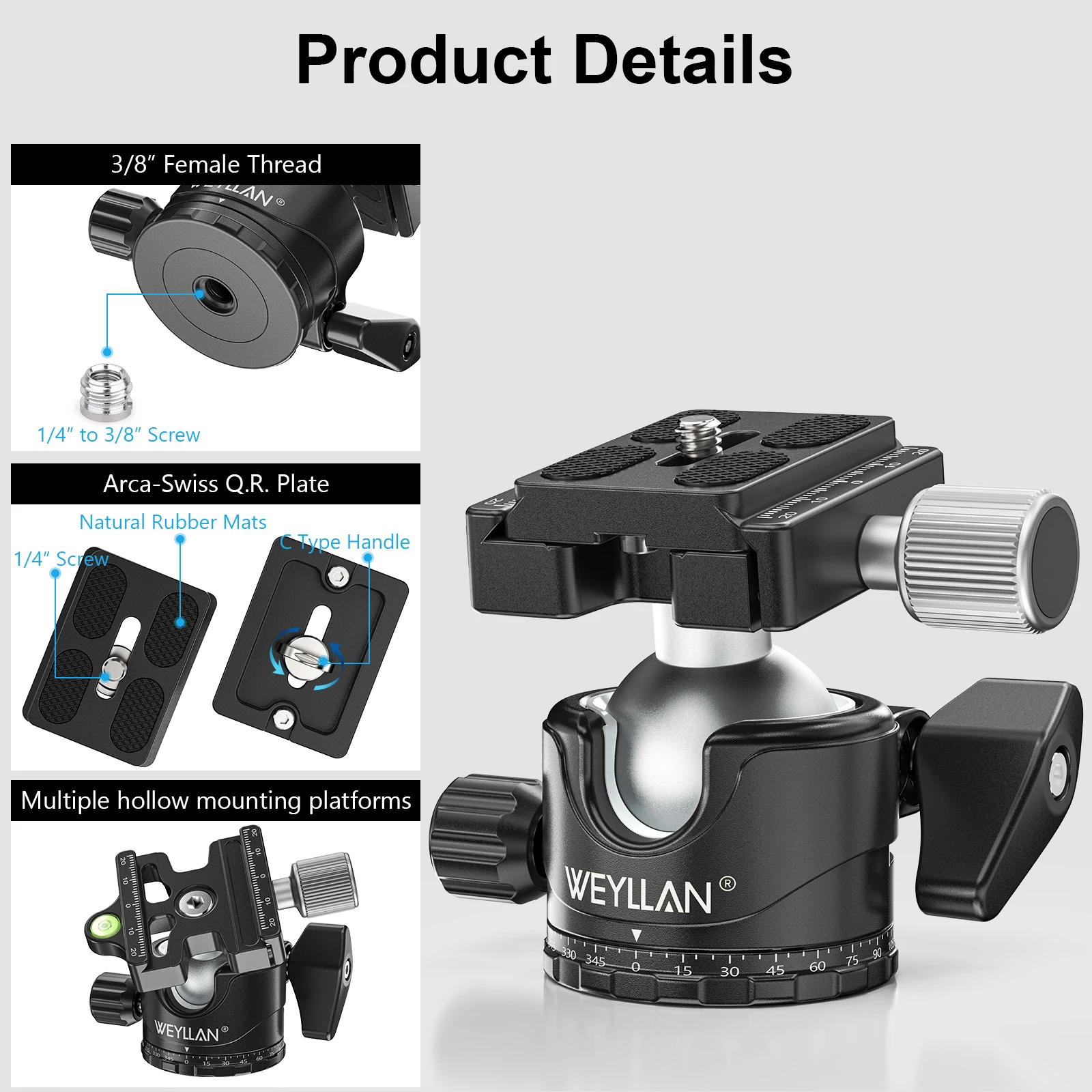 WEYLLAN EH36S Statyw z głowicą kulową Panorama Uniwersalna głowica kulowa U-Groove Niskoprofilowy uchwyt statywowy do lustrzanki cyfrowej Kamera Monopod — zdjęcie produktu 5