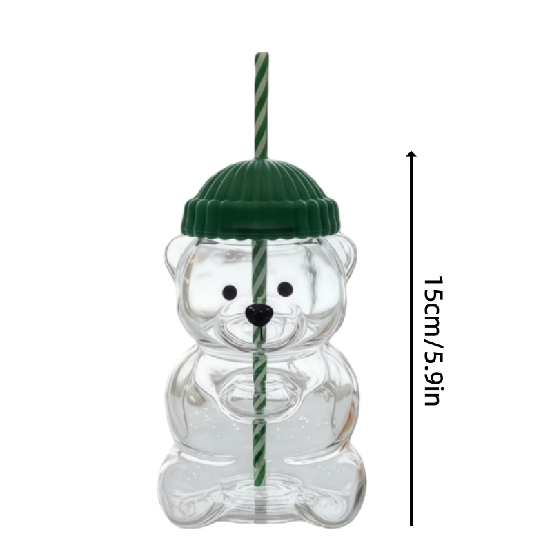 زجاج الدب الكرتوني 20 أونصة مع كوب ماء عالي البورسليكات مقاوم للحرارة من القش بتصميم لطيف للمنزل والمكتب