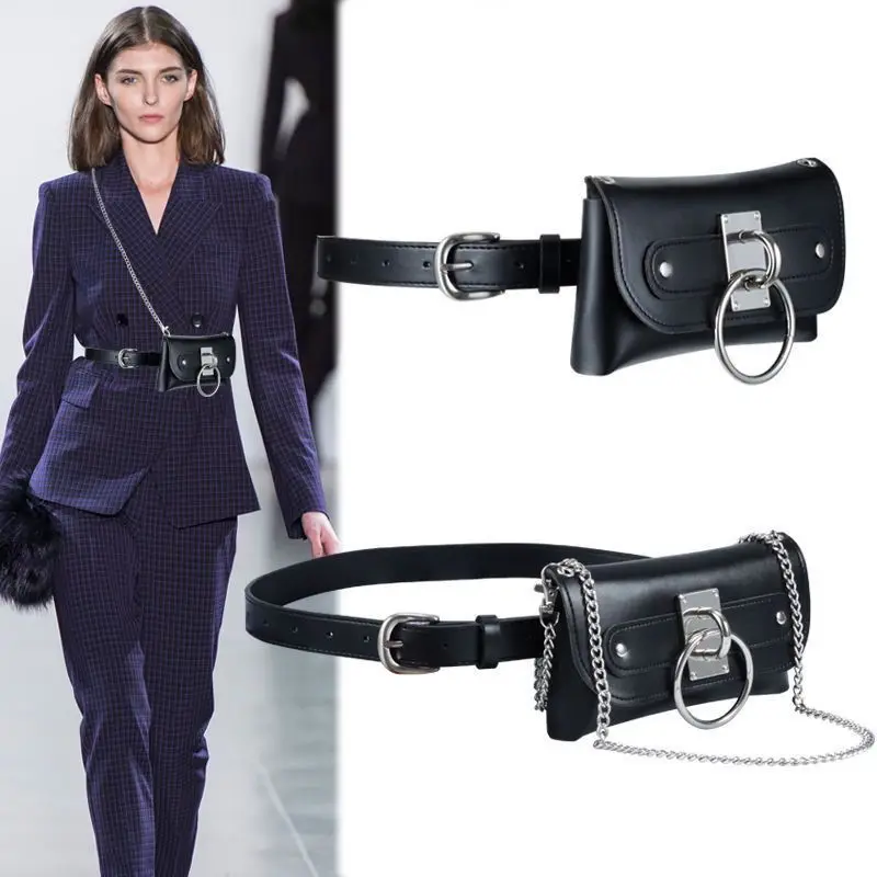 

European and American New Fashion Belt Women Bag With High-end Metal Chain Decoration Shoulder Strap Detachable Waist Bag Trendy