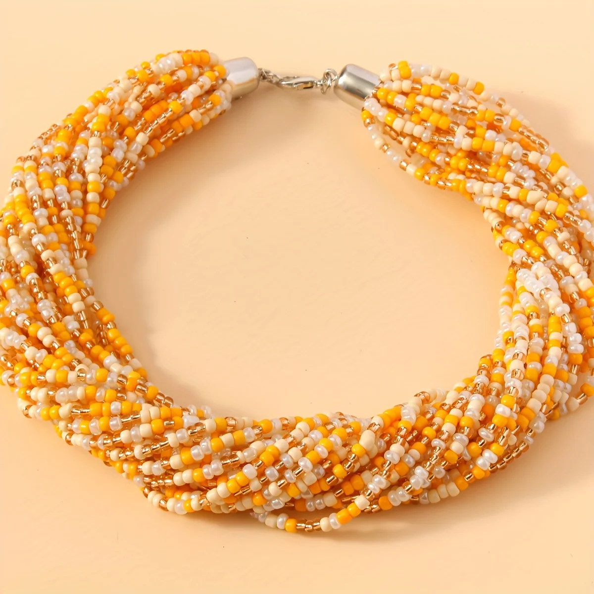 1 قطعة البوهيمي الأصفر البرتقالي المألوف بسيط متعدد الطبقات الأرز عقد من اللؤلؤ التعادل الرقبة المرأة سلسلة عنق سلسلة الترقوة #4
