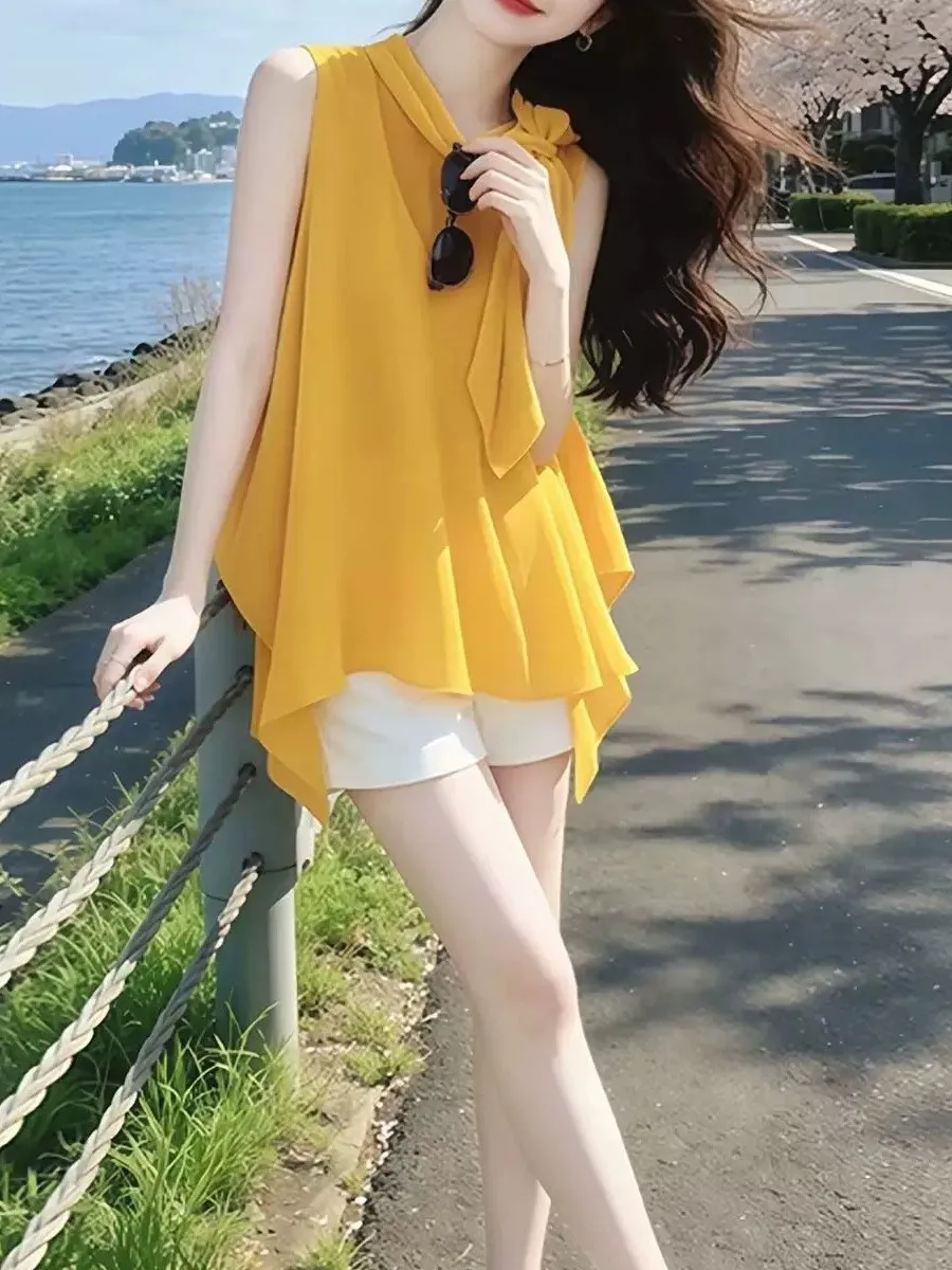 Yellow Sash  Knot Sleeveless Halter Top Women Summer 2026 New Korean Style Beautiful Asymmetrical Shirt