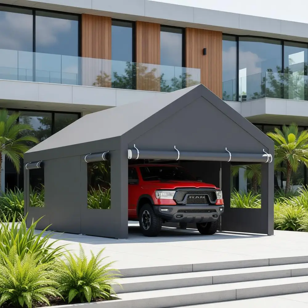

12x20 Heavy-Duty Portable Carport with Removable Sides, Roll-Up Window, Sandbags, All-Season Cover for Cars, Trucks, Boats - Gre