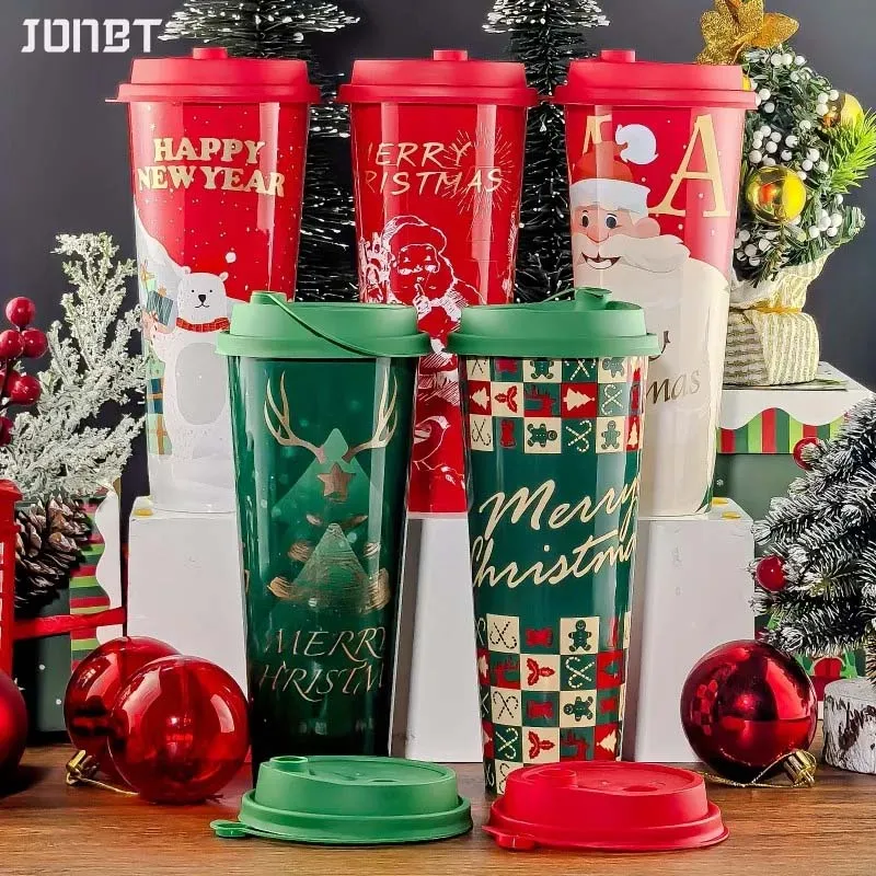 25 قطعة أكواب القهوة القابل للتصرف لعيد الميلاد مع غطاء 22 أوقية فقاعة كوب شاي بالحليب مانعة للتسرب المشروبات الساخنة/الباردة قابلة لإعادة الاستخدام كوب حفلة عيد الميلاد