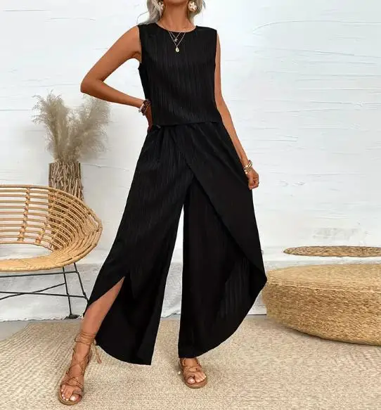 

Women's Summer Solid Color Casual Pants Wide Leg Pants Round Neck Sleeveless T-Shirt Set Simple Slim Fit Elegant Pants Set