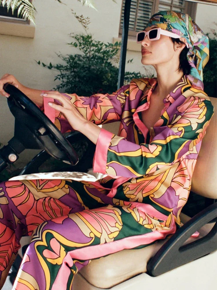 Loose Satin Sleepwear for Women Fashion Print Vintage Silk Pajamas Set 2 Pcs Long Sleeve Pants Female Homewear Chic Summer Suit