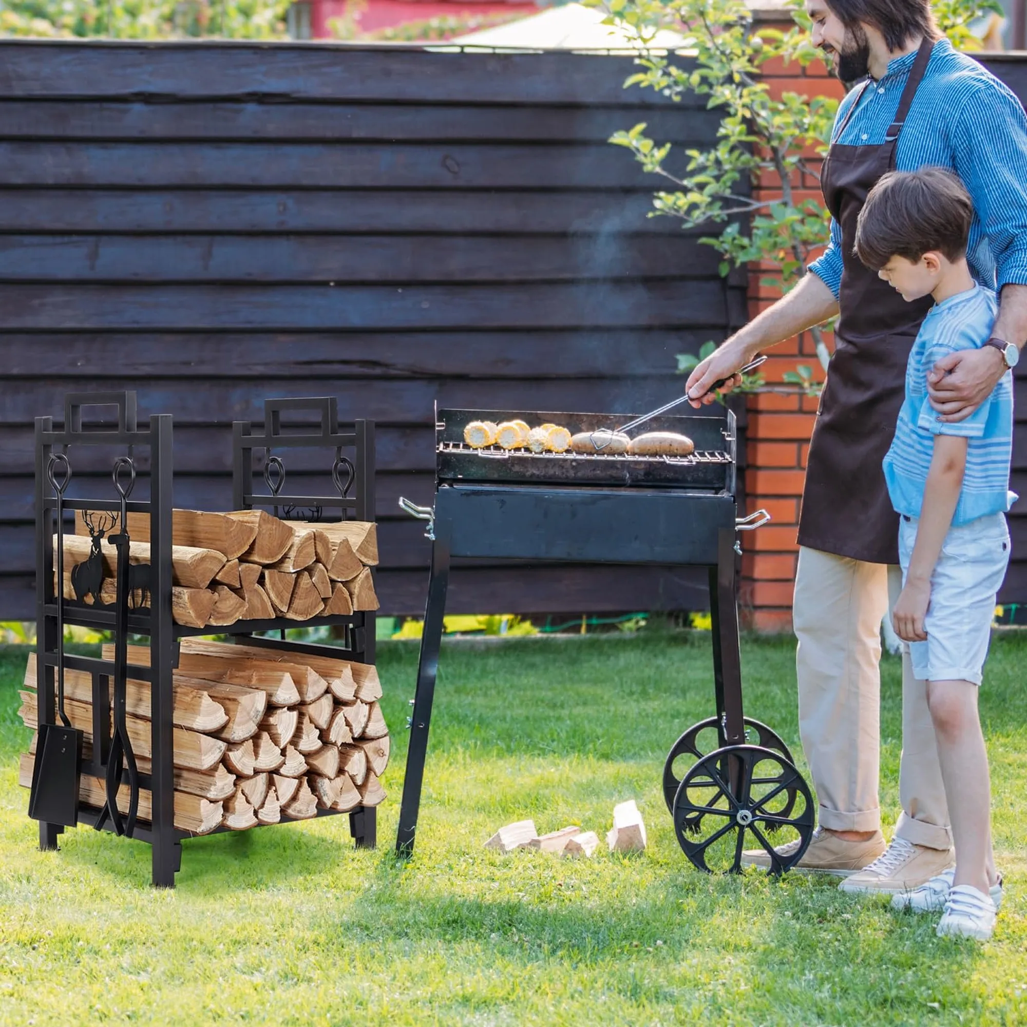 Double Layer Firewood Rack | Wrought Iron Indoor Outdoor Log Holder with Fire Pit Tools: Brush, Shovel, Tongs, Hook