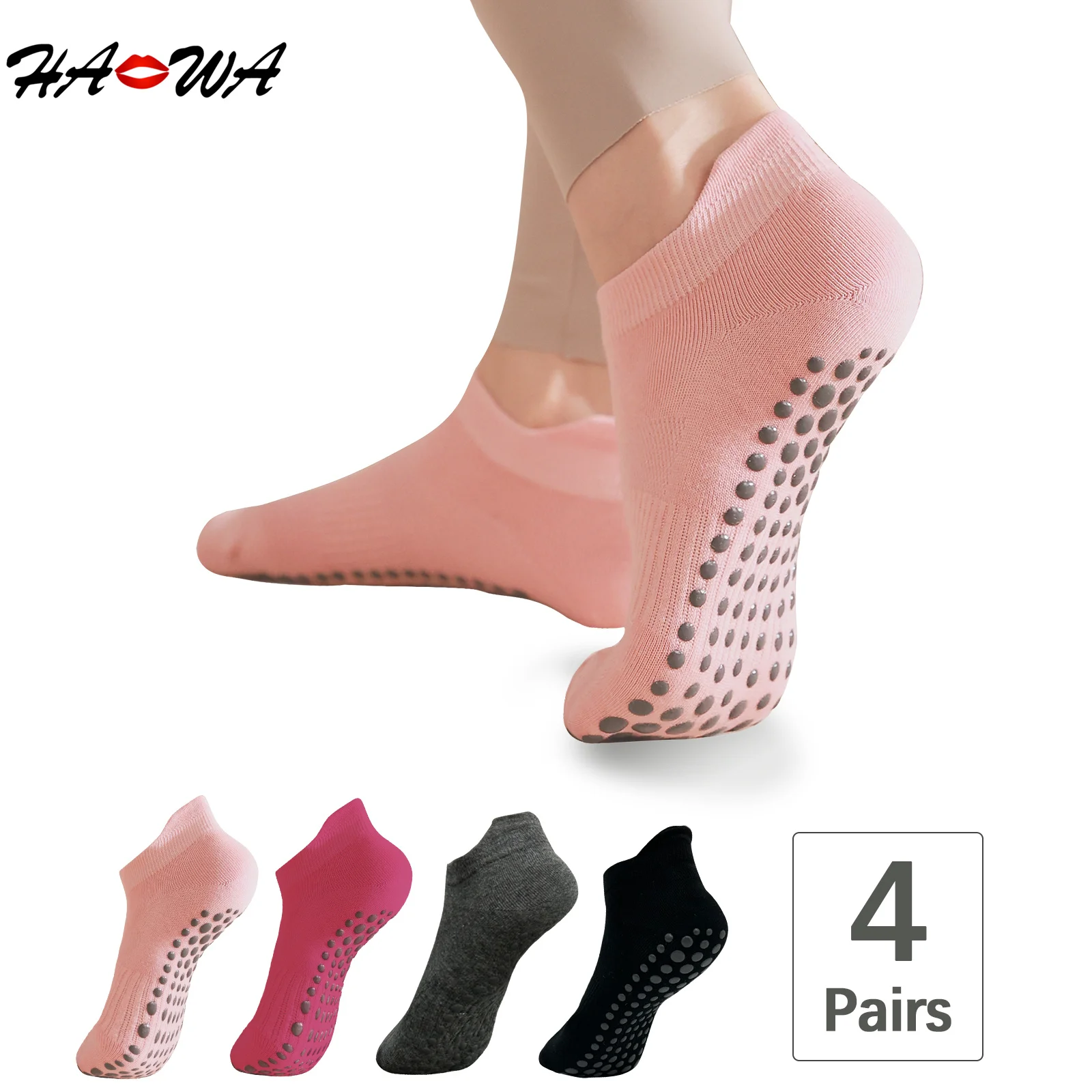 HA WA-calcetines de Yoga de algodón y silicona para mujer, medias antideslizantes de tobillo bajo, suaves y transpirables, para baile, Ballet y Fitness, 4 pares por lote