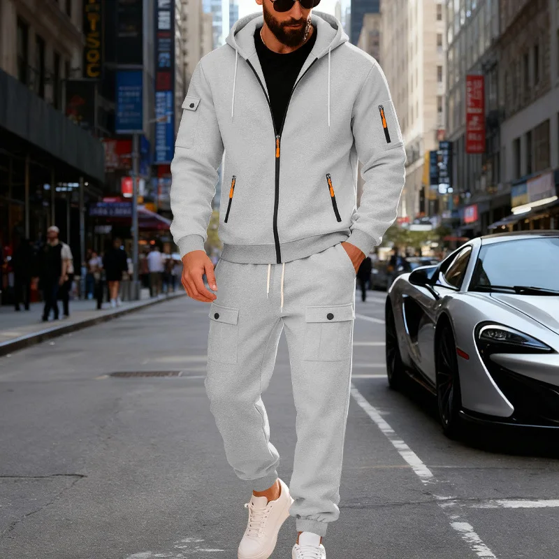 

Autumn and winter men's velvet loose casual tooling outdoor sports fashion hooded sweater set