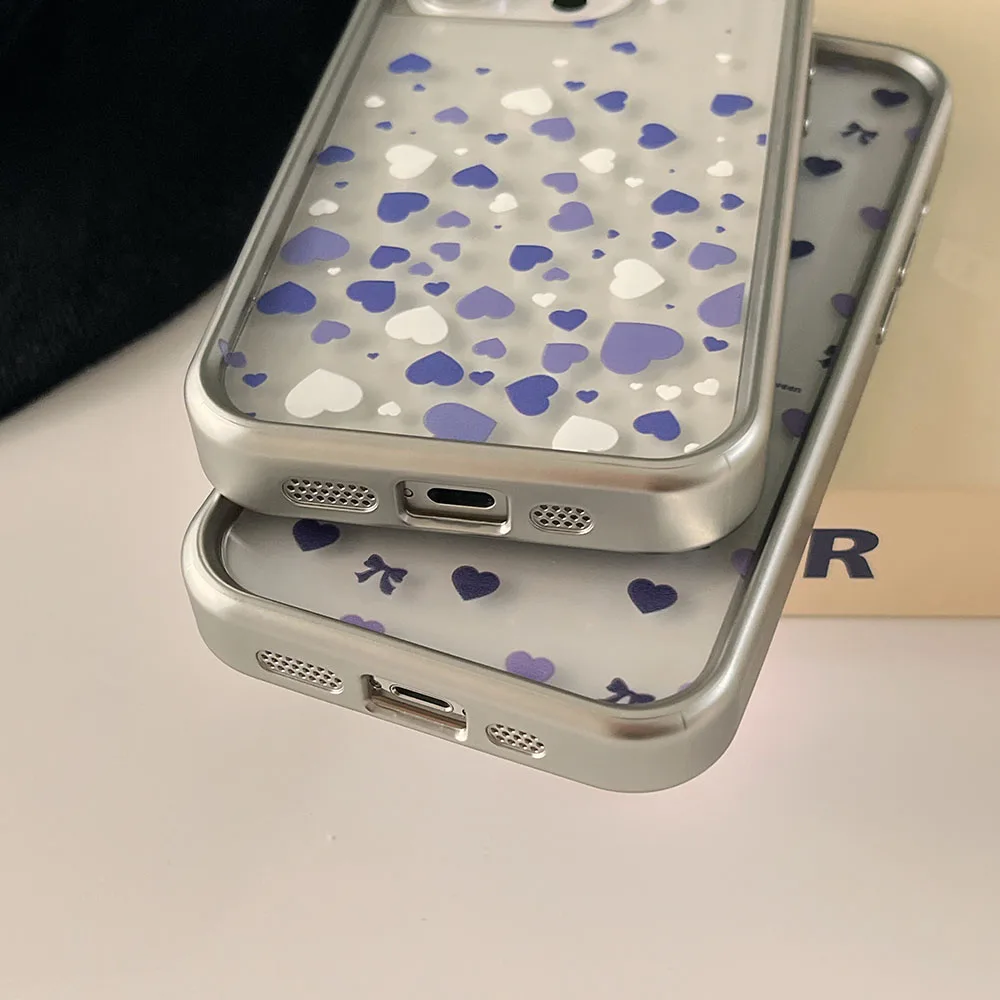 Чехол с бантом Love Heart для iPhone 15 Pro Max 14 13 12 Pro Max, гальваническая серебристая рамка, защитный чехол для телефона, мягкие прозрачные чехлы
