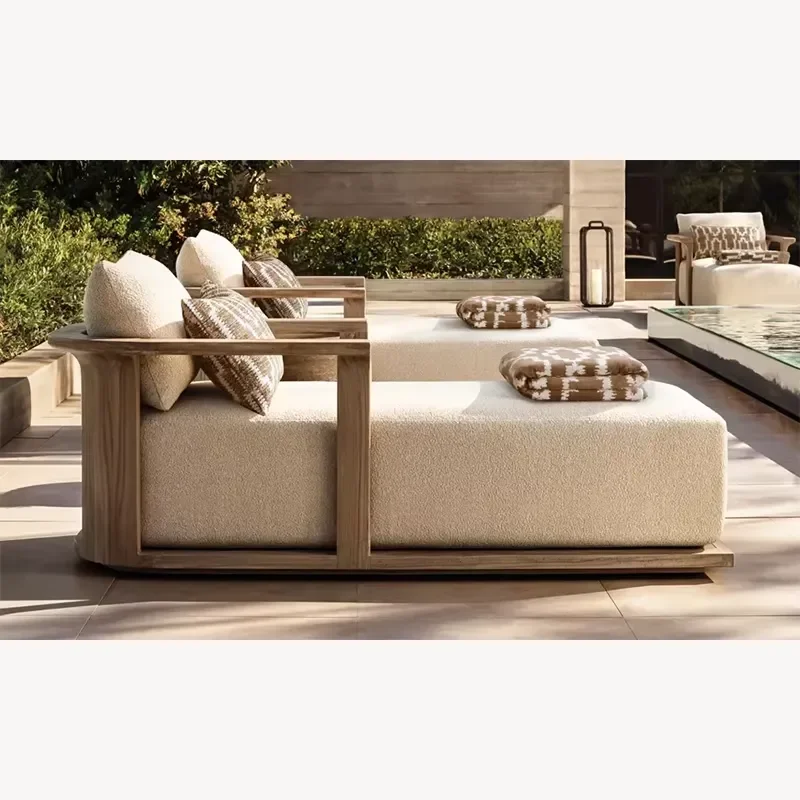 Lagos Teak Chaise Modern Outdoor Leisure Lounge Chair Fabric Cushion Teak Frame Clean Lines