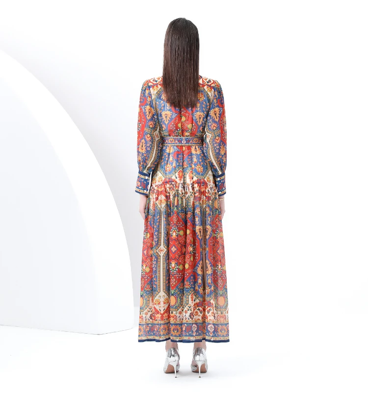 ZAROY Vintage Boho imprimé lanterne manches Maxi robe Buton-up a-ligne imprimé ceinturé luxe longue robe élégante fête robes לה