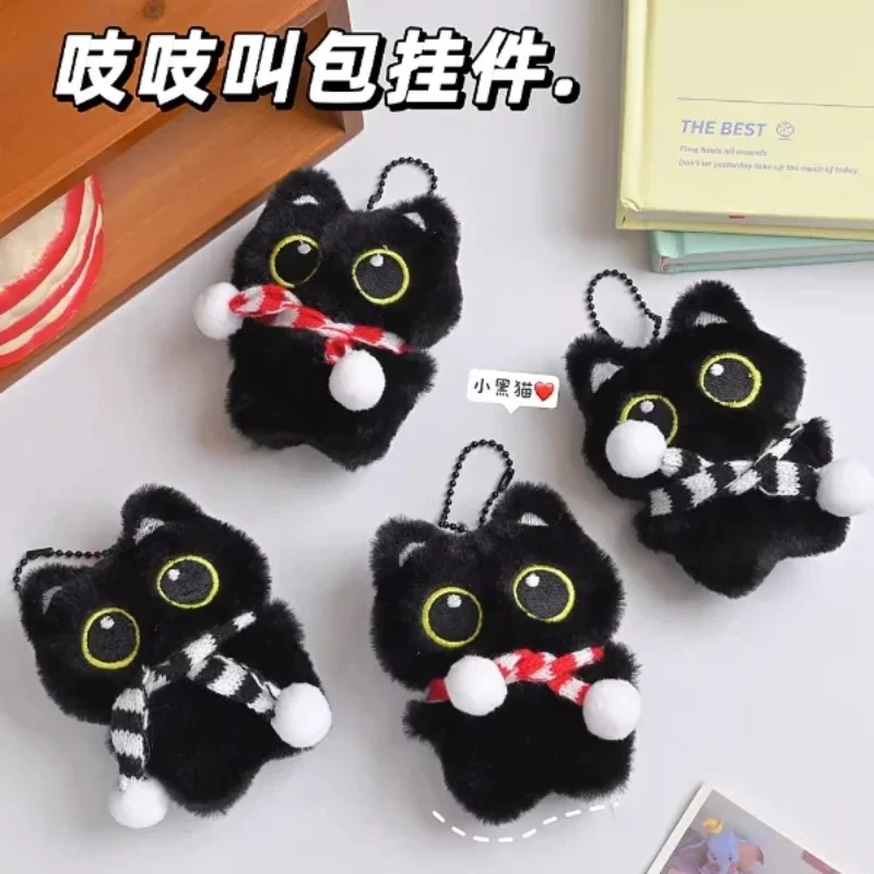 New Kawaii Big Eyes Cat Plush Doll With Scarf Black Cat Keychain Bag Pendant Cartoon Kitten Ornament Festival Gift For Friends