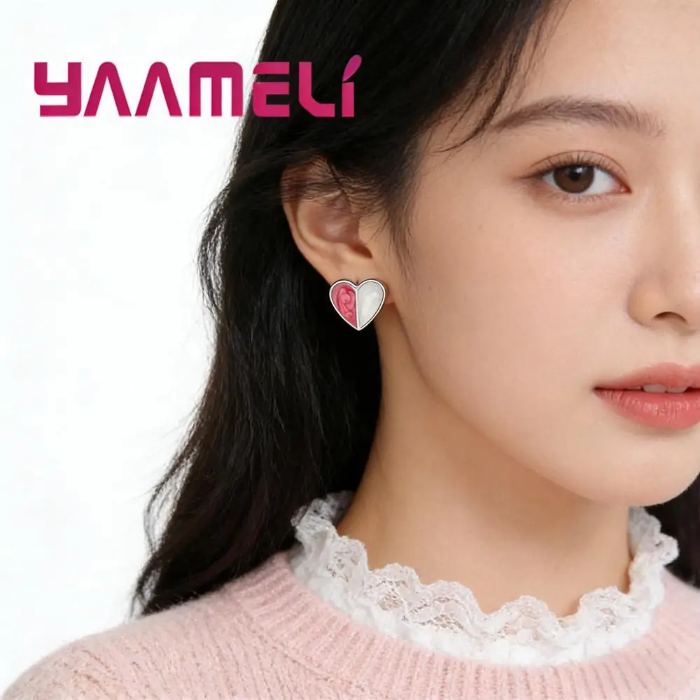 Cute 925 Sterling Silver Pink Love Heart Shape Stud Earrings for Women Girls Engagement Party Fashion Jewelry Gifts Accessory
