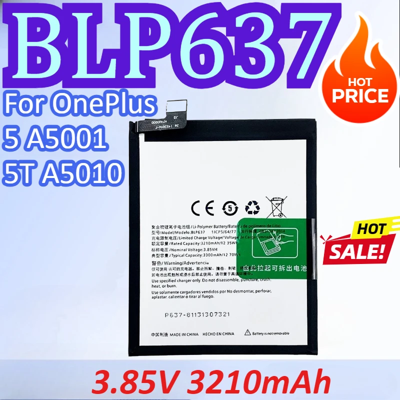 

New BLP637 3.85V 3210mAh Mobile Phone Battery For OnePlus 5 A5001 / 5T A5010 High Capacity Phone Replacement Battery