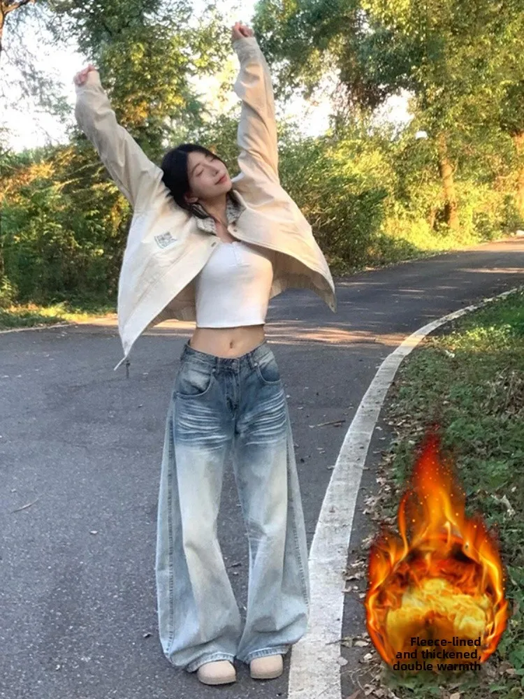 Grande taille Vintage américain Sle couteau Denim jean femmes automne hiver Fce doublé Thi taille basse mince jambe droite...