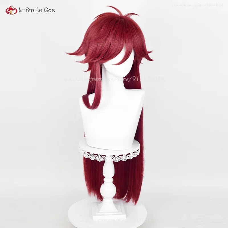 2025 أنيمي Kuroshitsuji Grell Sutcliff تأثيري 90 سنتيمتر الأحمر الداكن الباروكات مقاومة للحرارة الاصطناعية الشعر هالوين + غطاء شعر مستعار
