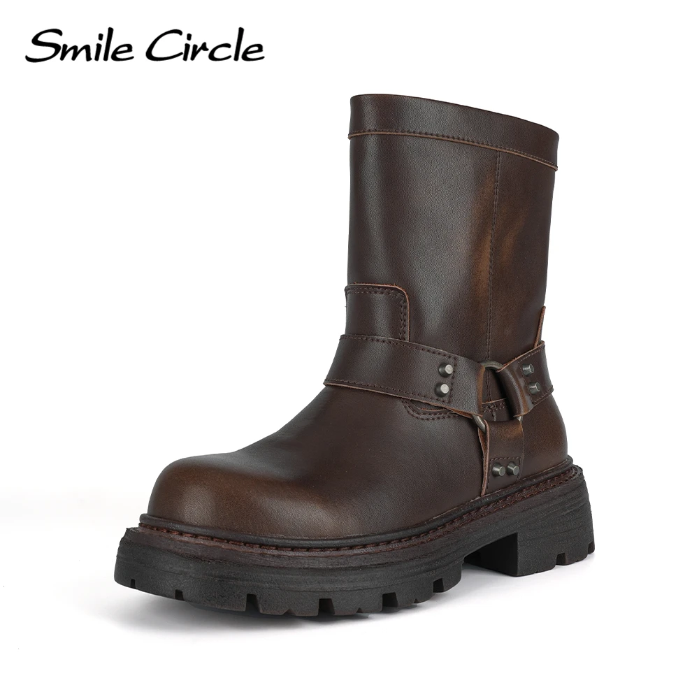 Smile Circle Women\'s Boots Genuine Leather Retro Chunky Boots