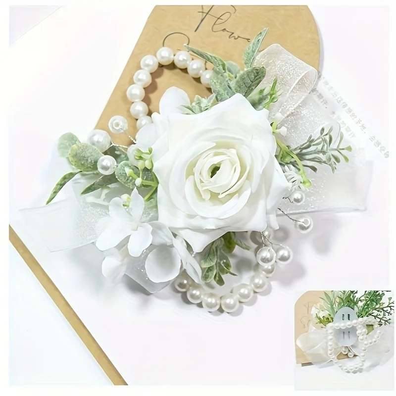 1/2 peças flores artificiais de rosa, corpete branco de simulação, boutonniere, flores falsas de pulso, para decoração de casamento, aniversário, noiva ﻿