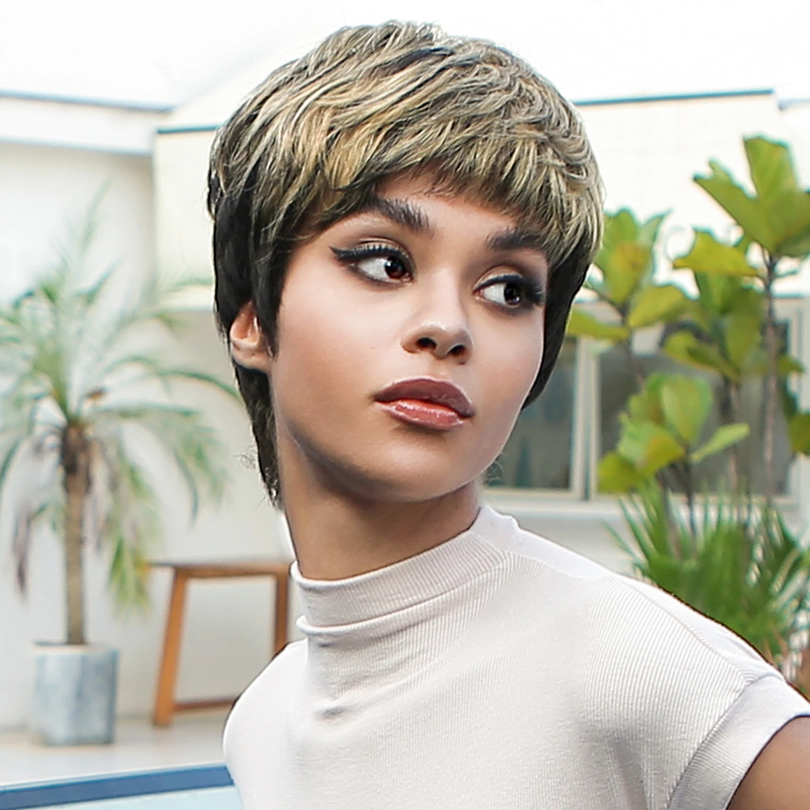 Short Straight Pixie Cut Human Hair Black Remy Human Hair Wig with Golden Blonde Bangs Wigs for Afro Women Brizilian Machinism