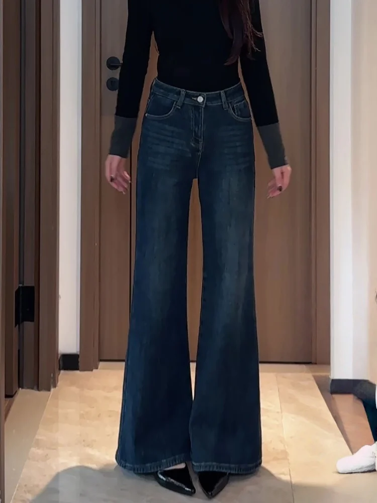 

Women's Fleece Lined Flared Jeans High Waist Draping Thick Winter Denim Pants Straight Leg Wide Leg Casual Cleanfit Style