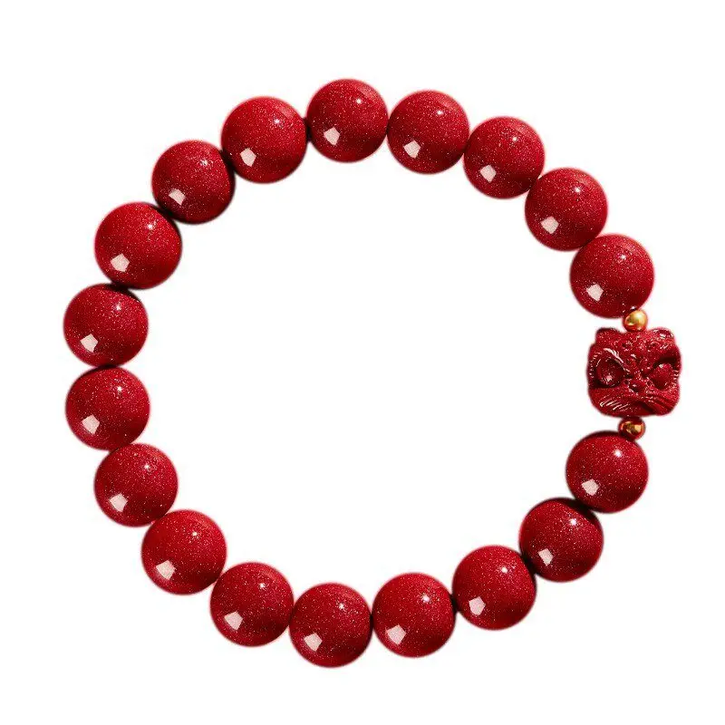 

Natural Cinnabar Carved Lion Bracelet with Fortune Beads for Men Women Couples Chinese Zodiac Year Ethnic Style Gifts