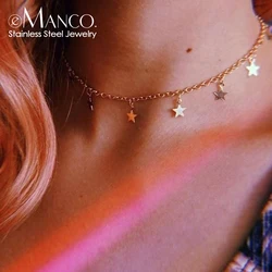 EManco Star Moon Choker Necklaces Gold Color for Women's Pendant Necklace Jewelry Simple Ladies Pentagon-Star Stainless Steel