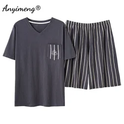 Pijamas de algodón suave para hombres jóvenes, conjunto de ropa de dormir corta a cuadros, informal, para estar en casa, Verano