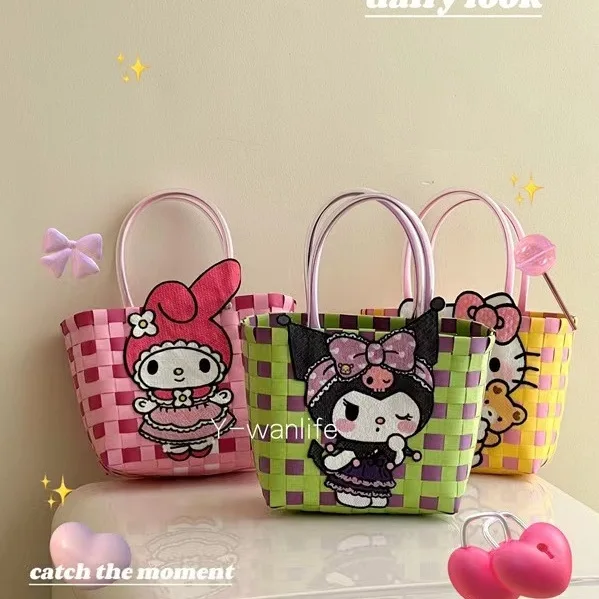 

Hello Kitty Women's Handbag Cartoon Cute Woven Vegetable Basket Summer Color Contrast Girls Travel Photo Square Beach Tote Bag