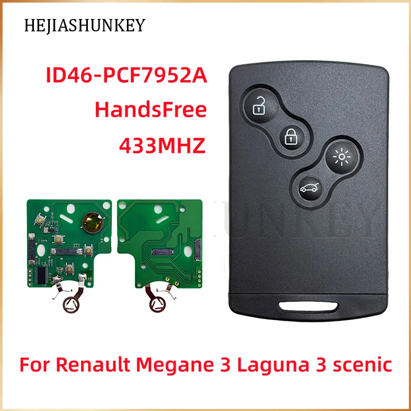 4 Button Smart Keyless Remote Car Key Fob Card ID46-PCF7952A Chip 433MHz For Renault Megane 3/III Laguna 3/III Scenic Fluence