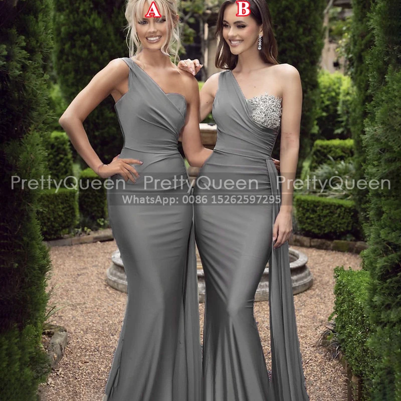 Gray Long Mermaid Bridesmaid Dresses Appliques Beaded One Shoulder Customized Women Trumpet Long Wedding Guest Party Dress