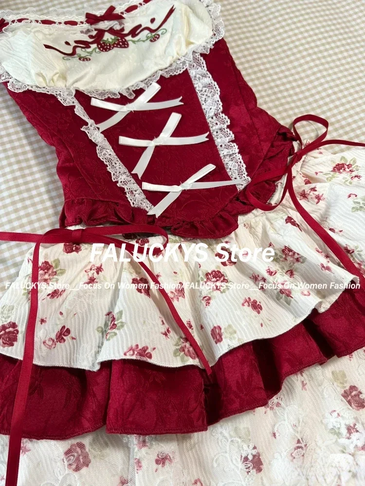 2024 France Vintage Slim Square Neck Print 2 Piece Set Women Sweet Cute Lace Bow Patchwork Tops Female + High Waist Short Skirt